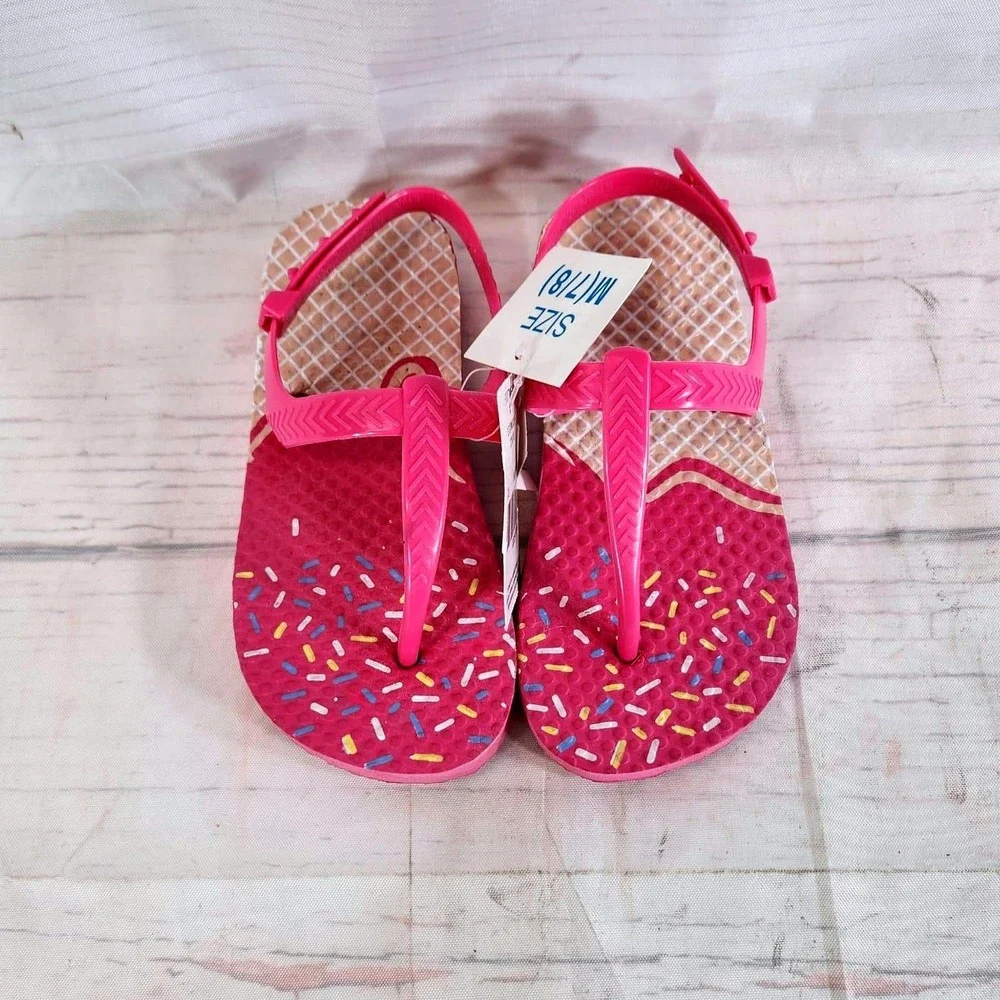 Girls Flip Flop Sandals Pink Ice Cream Sprinkles Kids Size Medium 7/8‎